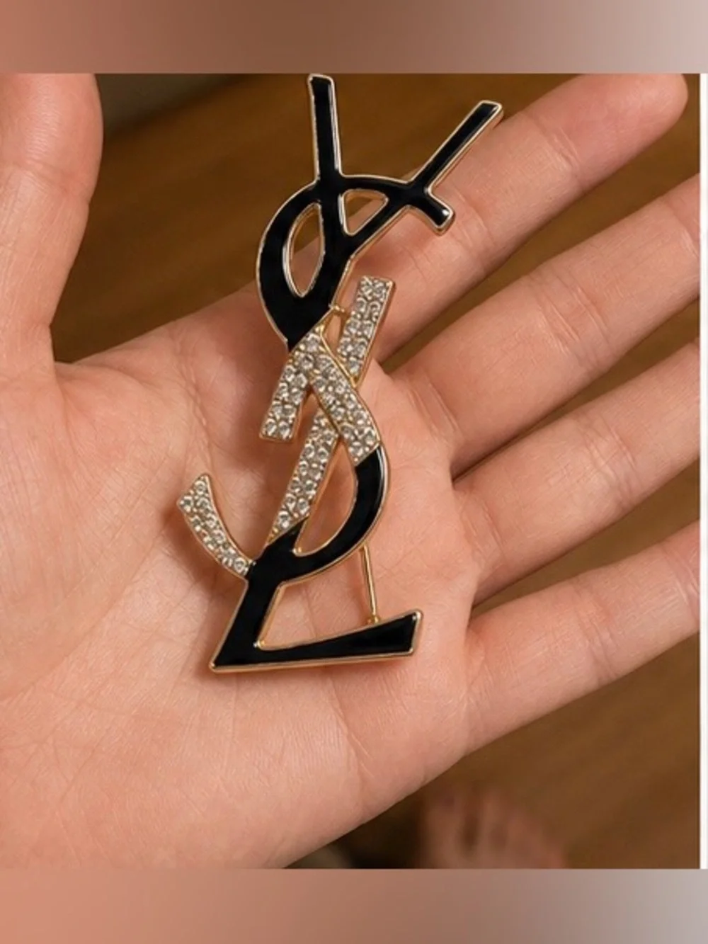 Black & Gold-Tone Rhinestone Monogram-Style Brooch – Statement Pin